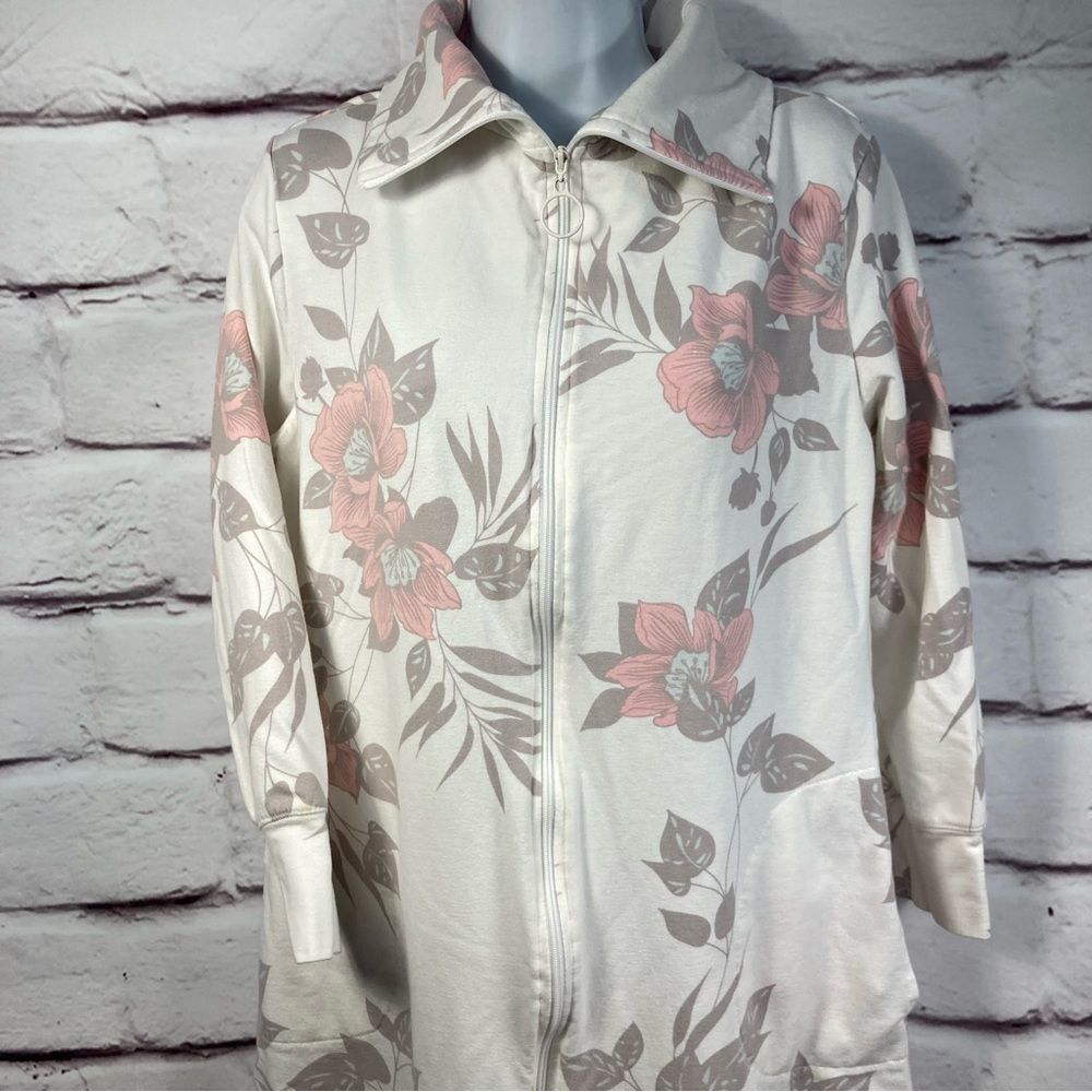 Miss Elaine Sweatshirt SZ PS Zipper Robe Pink Gray Floral Print House Dress Mumu